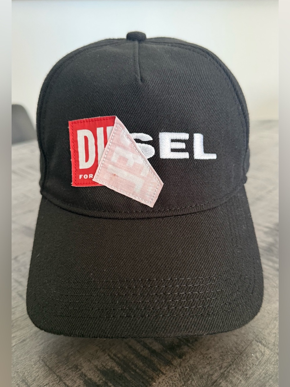 Diesel Black Baseball Cap with Red Patch and White Logo